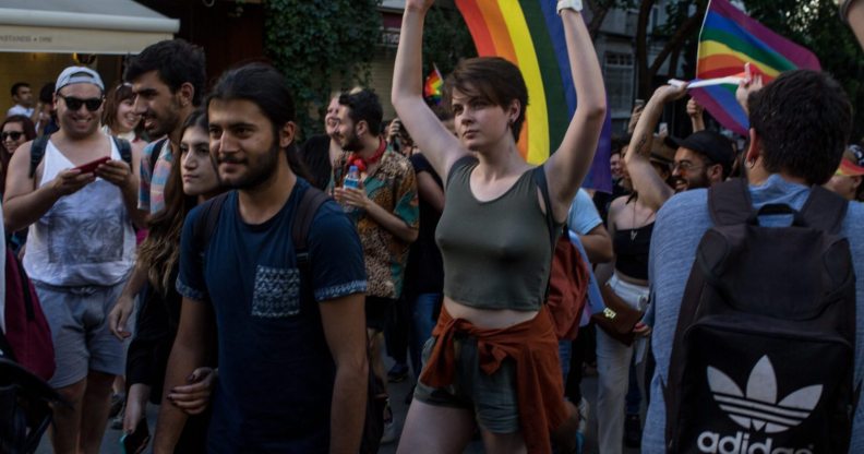 ISTANBUL, TURKEY - JUNE 25: LGBT supporters march towards Taksim Square on June 25, 2017 in Istanbul, Turkey. The 2017 LGBT Pride March was banned by authorities for the third year. Organisers defied the order and people attempted to march to Taksim Square but were met by a heavy police presence and the crowd was dispersed by tear gas and several people were arrested.