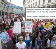 LONDON, ENGLAND - JULY 08: Protesters demonstrate during the Pride in London Festival on July 8, 2017 in London, England. The Pride in London Festival sees hundreds of thousands of people take to the streets in celebration and support of the LBGT+ community. This year's London Pride event marks 50 years since homosexuality was decriminalised in England and Wales under the 1967 Sexual Offences Act. (Photo by Jack Taylor/Getty Images)