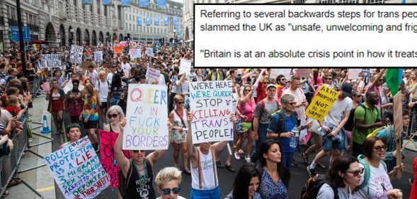 LONDON, ENGLAND - JULY 08: Protesters demonstrate during the Pride in London Festival on July 8, 2017 in London, England. The Pride in London Festival sees hundreds of thousands of people take to the streets in celebration and support of the LBGT+ community. This year's London Pride event marks 50 years since homosexuality was decriminalised in England and Wales under the 1967 Sexual Offences Act. (Photo by Jack Taylor/Getty Images)