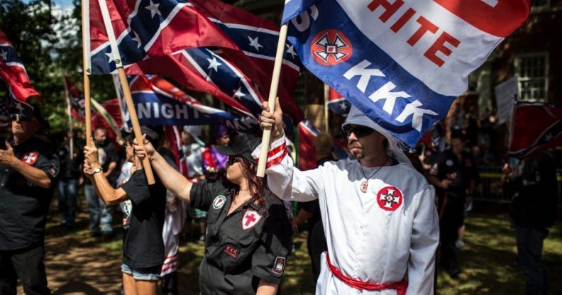 CHARLOTTESVILLE, VA - JULY 08: The Ku Klux Klan protests on July 8, 2017 in Charlottesville, Virginia. The KKK is protesting the planned removal of a statue of General Robert E. Lee, and calling for the protection of Southern Confederate monuments. (Photo by Chet Strange/Getty Images)