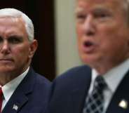 WASHINGTON, DC - JULY 18: U.S. Vice President Mike Pence listens as President Donald Trump speaks to members of the media during a lunch with armed service members at the Roosevelt Room of the White House July 18, 2017 in Washington, DC. President Trump took questions from the press and discussed the status of the healthcare legislation. (Photo by Alex Wong/Getty Images)