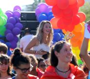 People take part in the Pink Parade, the Lesbian, Gay, Bisexual and Transgender (LGBT) Pride celebration in Nice, southeastern France, on August 5, 2017. / AFP PHOTO / VALERY HACHE (Photo credit should read VALERY HACHE/AFP/Getty Images)