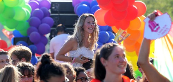 People take part in the Pink Parade, the Lesbian, Gay, Bisexual and Transgender (LGBT) Pride celebration in Nice, southeastern France, on August 5, 2017. / AFP PHOTO / VALERY HACHE (Photo credit should read VALERY HACHE/AFP/Getty Images)