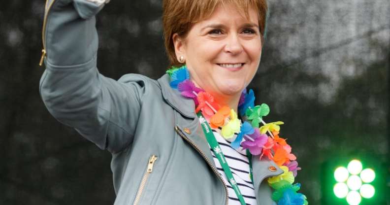 GLASGOW, SCOTLAND - AUGUST 19: First Minister Nicola Sturgeon gives the thumbs up as she addresses the assembled crowd at Glasgow Pride on August 19, 2017 in Glasgow, Scotland. The largest festival of LGBTI celebration in Scotland is held every year in Glasgow since 1996. (Photo by Robert Perry/Getty Images)