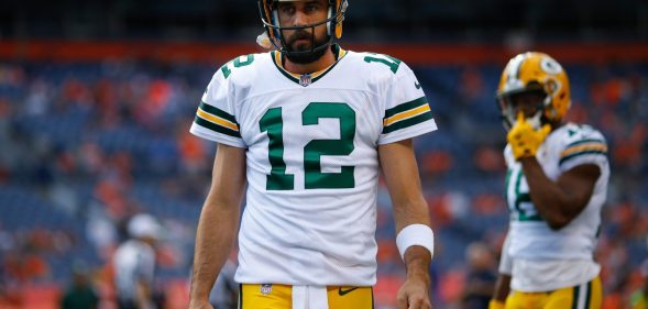 DENVER, CO - AUGUST 26: Quarterback Aaron Rodgers #12 of the Green Bay Packers warms up before a Preseason game against the Denver Broncos at Sports Authority Field at Mile High on August 26, 2017 in Denver, Colorado. (Photo by Justin Edmonds/Getty Images)