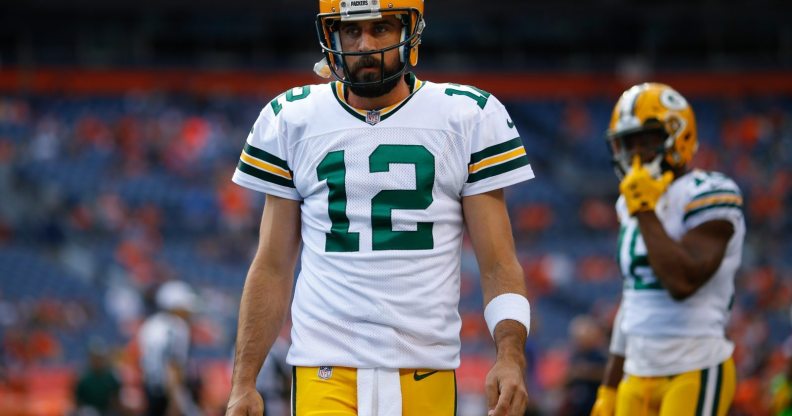 DENVER, CO - AUGUST 26: Quarterback Aaron Rodgers #12 of the Green Bay Packers warms up before a Preseason game against the Denver Broncos at Sports Authority Field at Mile High on August 26, 2017 in Denver, Colorado. (Photo by Justin Edmonds/Getty Images)