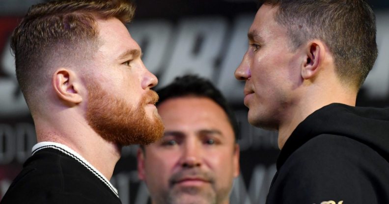 LAS VEGAS, NV - SEPTEMBER 13: Canelo Alvarez (L) and WBC, WBA and IBF middleweight champion Gennady Golovkin face off during a news conference at MGM Grand Hotel & Casino on September 12, 2017 in Las Vegas, Nevada. Golovkin will defend his titles against Alvarez at T-Mobile Arena on September 16 in Las Vegas. (Photo by Ethan Miller/Getty Images)