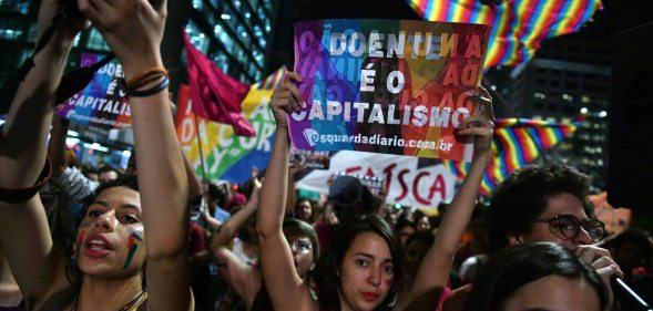 People protest against the decision of a Brazilian judge who approved gay conversion therapy in Sao Paulo, Brazil on September 22, 2017. Brazilian federal judge Waldemar de Carvalho overruled a 1999 decision by the Federal Council of Psychology that forbade psychologists from offering widely discredited treatments which claims to cure gay people. / AFP PHOTO / NELSON ALMEIDA (Photo credit should read NELSON ALMEIDA/AFP/Getty Images)