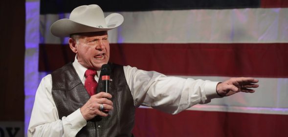 FAIRHOPE, AL - SEPTEMBER 25: Republican candidate for the U.S. Senate in Alabama, Roy Moore, speaks at a campaign rally on September 25, 2017 in Fairhope, Alabama. Moore is running in a primary runoff election against incumbent Luther Strange for the seat vacated when Jeff Sessions was appointed U.S. Attorney General by President Donald Trump. The runoff election is scheduled for September 26. (Photo by Scott Olson/Getty Images)