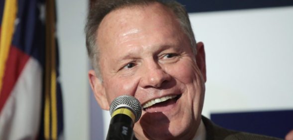 MONTGOMERY, AL - SEPTEMBER 26: Republican candidate for the U.S. Senate in Alabama, Roy Moore (R) speaks to supporters at an election-night rally on September 26, 2017 in Montgomery, Alabama. Moore, former chief justice of the Alabama supreme court, defeated incumbent Sen. Luther Strange (R-AL) in a primary runoff election for the seat vacated when Jeff Sessions was appointed U.S. Attorney General by President Donald Trump. Moore will now face Democratic candidate Doug Jones in the general election in December. (Photo by Scott Olson/Getty Images)