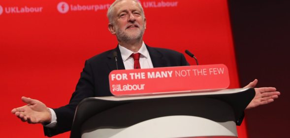 BRIGHTON, ENGLAND - SEPTEMBER 27: Labour Leader Jeremy Corbyn addresses delegates on the final day of the Labour Party conference on September 26, 2017 in Brighton, England. Mr Corbyn is expected to speak about his party's new policies and present Labour as a government in waiting in his keynote address. (Photo by Dan Kitwood/Getty Images)