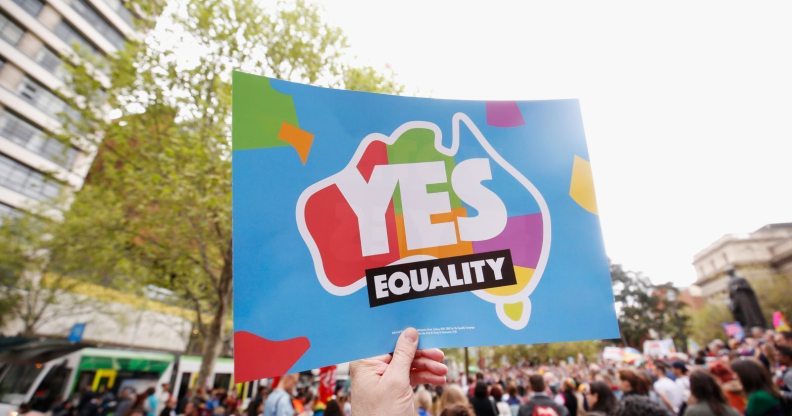 MELBOURNE, AUSTRALIA - OCTOBER 01: Thousands of people gather in support of same sex mariage on October 1, 2017 in Melbourne, Australia. Australians are currently taking part in the Marriage Law Postal Survey, which is asking whether the law should be changed to allow same-sex marriage. The outcome of the survey is expected to be announced on 15 November. (Photo by Darrian Traynor/Getty Images)