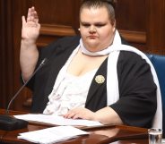 Uruguayan senator Michelle Suarez swears in in Montevideo, on October 10, 2017. Michelle Suarez is the first transgender lawmaker to have a seat in the Uruguayan parliament. / AFP PHOTO / MIGUEL ROJO (Photo credit should read MIGUEL ROJO/AFP/Getty Images)