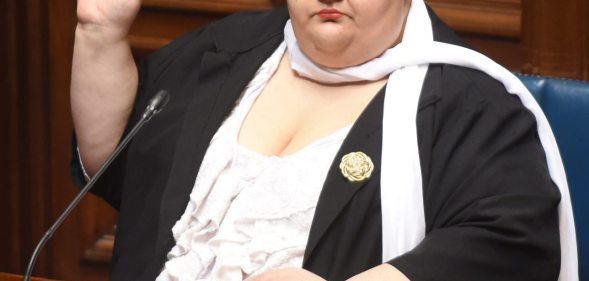 Uruguayan senator Michelle Suarez swears in in Montevideo, on October 10, 2017. Michelle Suarez is the first transgender lawmaker to have a seat in the Uruguayan parliament. / AFP PHOTO / MIGUEL ROJO (Photo credit should read MIGUEL ROJO/AFP/Getty Images)