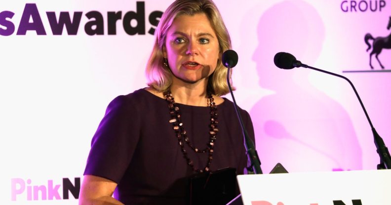 LONDON, ENGLAND - OCTOBER 18: Joint winner of the Politician of the Year award, Justine Greening, Secretary of State for Education, speaks on stage during the Pink News Awards 2017 held at One Great George Street on October 18, 2017 in London, England. (Photo by John Phillips/Getty Images)