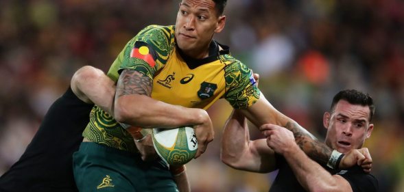 BRISBANE, AUSTRALIA - OCTOBER 21: Israel Folau of the Wallabies is tackled by Ryan Crotty of the All Blacks during the Bledisloe Cup match between the Australian Wallabies and the New Zealand All Blacks at Suncorp Stadium on October 21, 2017 in Brisbane, Australia. (Photo by Matt King/Getty Images)