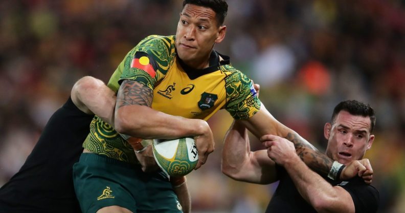 BRISBANE, AUSTRALIA - OCTOBER 21: Israel Folau of the Wallabies is tackled by Ryan Crotty of the All Blacks during the Bledisloe Cup match between the Australian Wallabies and the New Zealand All Blacks at Suncorp Stadium on October 21, 2017 in Brisbane, Australia. (Photo by Matt King/Getty Images)