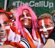 DUBLIN, IRELAND - NOVEMBER 14: The Denmark fans celebrate after the FIFA 2018 World Cup Qualifier Play-Off: Second Leg between Republic of Ireland and Denmark at Aviva Stadium on November 14, 2017 in Dublin, Ireland. (Photo by Mike Hewitt/Getty Images)