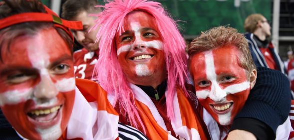 DUBLIN, IRELAND - NOVEMBER 14: The Denmark fans celebrate after the FIFA 2018 World Cup Qualifier Play-Off: Second Leg between Republic of Ireland and Denmark at Aviva Stadium on November 14, 2017 in Dublin, Ireland. (Photo by Mike Hewitt/Getty Images)