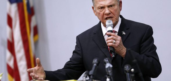 JACKSON, AL - NOVEMBER 14: Republican candidate for U.S. Senate Judge Roy Moore speaks during a campaign event at the Walker Springs Road Baptist Church on November 14, 2017 in Jackson, Alabama. The embattled candidate has been accused of sexual misconduct with underage girls when he was in his 30s. (Photo by Jonathan Bachman/Getty Images)