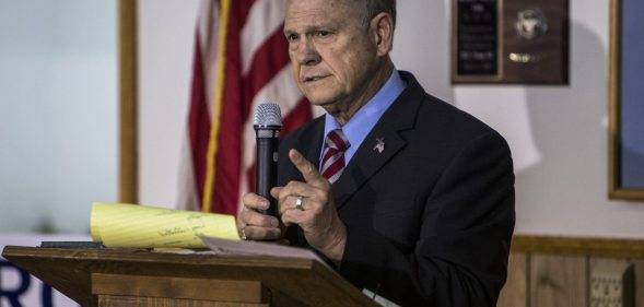 HENAGAR, AL - NOVEMBER 27: Judge Roy Moore holds a campaign rally on November 27, 2017 in Henagar, Alabama. Over 100 supporters turned out to the event packing the Henagar Event Center. (Photo by Joe Buglewicz/Getty Images)