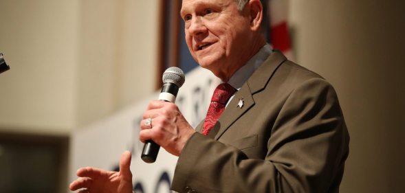 MONTGOMERY, AL - DECEMBER 12: Republican Senatorial candidate Roy Moore speaks about the race against his Democratic opponent Doug Jones is too close and there will be a recount during his election night party in the RSA Activity Center on December 12, 2017 in Montgomery, Alabama. The candidates are running in a special election to replace Attorney General Jeff Sessions in the U.S. Senate. (Photo by Joe Raedle/Getty Images)