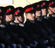 CAMBERLEY, ENGLAND - DECEMBER 15: Soldiers march at The Sovereign's Parade at Royal Military Academy Sandhurst on December 15, 2017 in Camberley, England. (Photo by Chris Jackson/Getty Images)