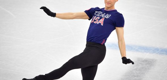 US skater Adam Rippon practices at Gangneung Ice Arena ahead of the team event of the men's figure skating before the Pyeongchang 2018 Winter Olympic Games in Gangneungon (Photo by MLADEN ANTONOV/AFP/Getty Images)