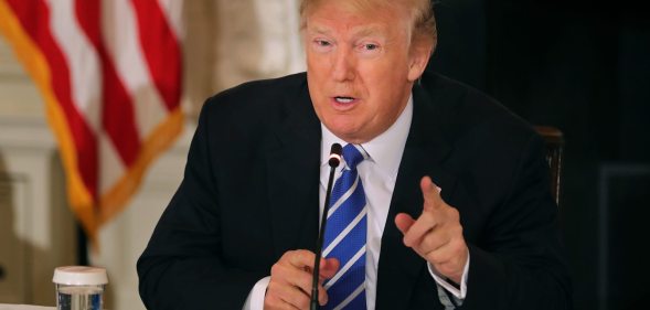 WASHINGTON, DC - FEBRUARY 12: U.S. President Donald Trump speaks during a meeting with state and local officials to unveil his administration's long-awaited infrastructure plan in the State Dining Room at the White House February 12, 2018 in Washington, DC. The $1.5 trillion plan to repair and rebuild the nation's crumbling highways, bridges, railroads, airports, seaports and water systems is funded with $200 million in federal money with the remaining 80 percent coming from state and local governments. (Photo by Chip Somodevilla/Getty Images)