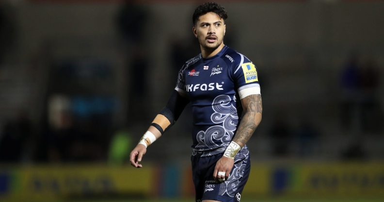 SALFORD, ENGLAND - FEBRUARY 16: Denny Solomona of Sale Sharks during the Aviva Premiership match between Sale Sharks and Saracens at AJ Bell Stadium on February 16, 2018 in Salford, England. (Photo by Lynne Cameron/Getty Images)