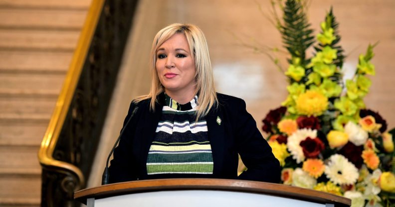 BELFAST, NORTHERN IRELAND - MARCH 22: Sinn Fein deputy leader Michelle O'Neill addresses the invited guests as the unveiling of the official Assembly portrait of former Deputy First Minister Martin McGuinness takes place inside the Great Hall at Stormont on March 22, 2018 in Belfast, Northern Ireland. Martin McGuinness passed away one year ago after a brief illness, before he died he resigned as his position as Northern Ireland Deputy First Minister, the province has beeen without a government since that time. (Photo by Charles McQuillan/Getty Images)