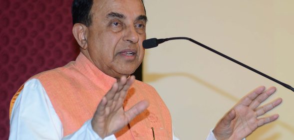 Subramanian Swamy, Indian Bharatiya Janata Party (BJP) senior leader and Rajya Sabha (MP) delivers a speech during a journalists conference ahead of the Narad Jayanti in Amritsar on April 29, 2018. - Narad Jayanti is the birth anniversary of Narada Muni which falls on May 1. In some parts of India Narada Jayanti is also known as Patrakar Diwas (Journalist Day) because Devrishi Narada is considered the precursor of journalists and musicians. (Photo by NARINDER NANU / AFP) (Photo credit should read NARINDER NANU/AFP/Getty Images)