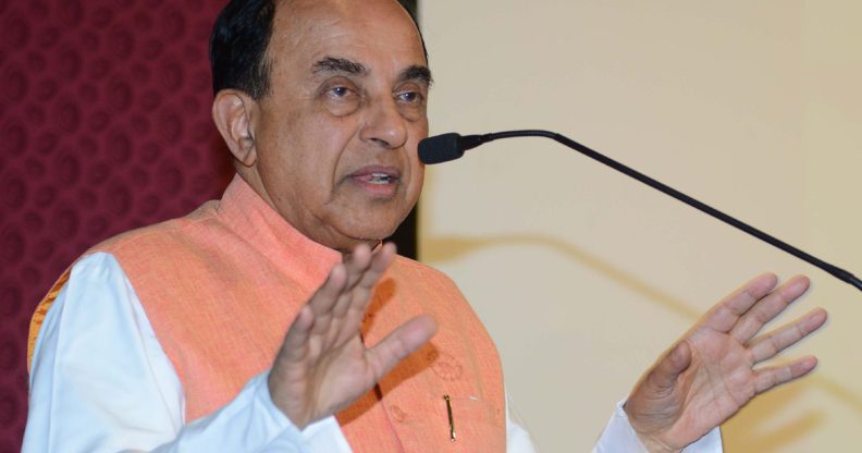 Subramanian Swamy, Indian Bharatiya Janata Party (BJP) senior leader and Rajya Sabha (MP) delivers a speech during a journalists conference ahead of the Narad Jayanti in Amritsar on April 29, 2018. - Narad Jayanti is the birth anniversary of Narada Muni which falls on May 1. In some parts of India Narada Jayanti is also known as Patrakar Diwas (Journalist Day) because Devrishi Narada is considered the precursor of journalists and musicians. (Photo by NARINDER NANU / AFP) (Photo credit should read NARINDER NANU/AFP/Getty Images)