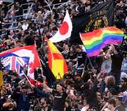 LOS ANGELES, CA - MAY 13: Fans fly the rainbow flag before the game between New York City and Los Angeles FC at Banc of California Stadium on May 13, 2018 in Los Angeles, California. (Photo by Harry How/Getty Images)