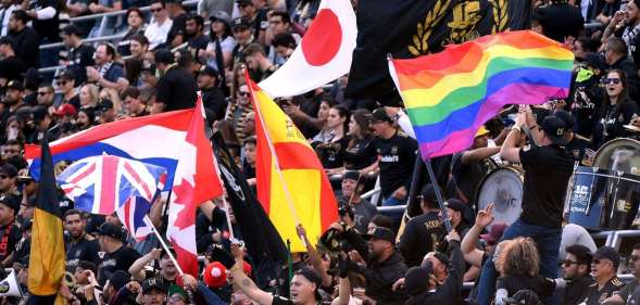 LOS ANGELES, CA - MAY 13: Fans fly the rainbow flag before the game between New York City and Los Angeles FC at Banc of California Stadium on May 13, 2018 in Los Angeles, California. (Photo by Harry How/Getty Images)