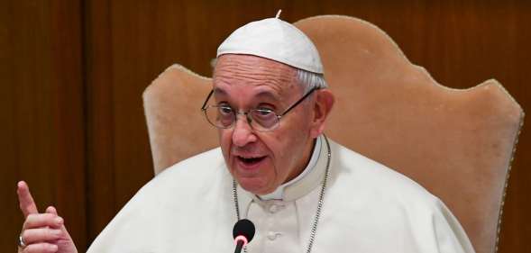 Pope Francis attends the general assembly of the Italian Bishops Conference, on May 21, 2018 in Vatican. (Photo by Vincenzo PINTO / AFP) (Photo credit should read VINCENZO PINTO/AFP/Getty Images)