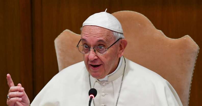 Pope Francis attends the general assembly of the Italian Bishops Conference, on May 21, 2018 in Vatican. (Photo by Vincenzo PINTO / AFP) (Photo credit should read VINCENZO PINTO/AFP/Getty Images)