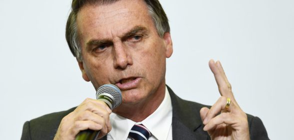 Jair Bolsonaro, presidential candidate for the Social Liberal Party, attends an interview for Correio Brazilianse newspaper in Brasilia on June 6, 2018. - Brazil holds general elections in October. (Photo by EVARISTO SA / AFP) LGBT+ rights (Photo credit should read EVARISTO SA/AFP/Getty Images)