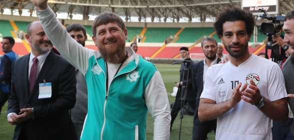 Egyptian national team football player and Liverpool's star striker Mohamed Salah (R) and head of the Chechen Republic Ramzan Kadyrov pose during a training of Egyptian team at the Akhmat Arena stadium in Grozny on June 10, 2018, ahead of the Russia 2018 World Cup. - Egypt's national football team will use the venue as their base camp training site. (Photo by KARIM JAAFAR / AFP) (Photo credit should read KARIM JAAFAR/AFP/Getty Images)