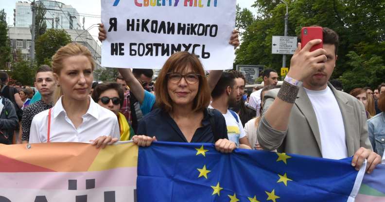 Member of the European Parliament Rebecca Harms takes part in the Pride march in central Kyiv last month (GENYA SAVILOV/AFP/Getty)