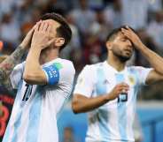 NIZHNIY NOVGOROD, RUSSIA - JUNE 21: Lionel Messi and team mate Sergio Aguero of Argentina show their dejection during the 2018 FIFA World Cup Russia group D match between Argentina and Croatia at Nizhniy Novgorod Stadium on June 21, 2018 in Nizhniy Novgorod, Russia. (Photo by Clive Brunskill/Getty Images)