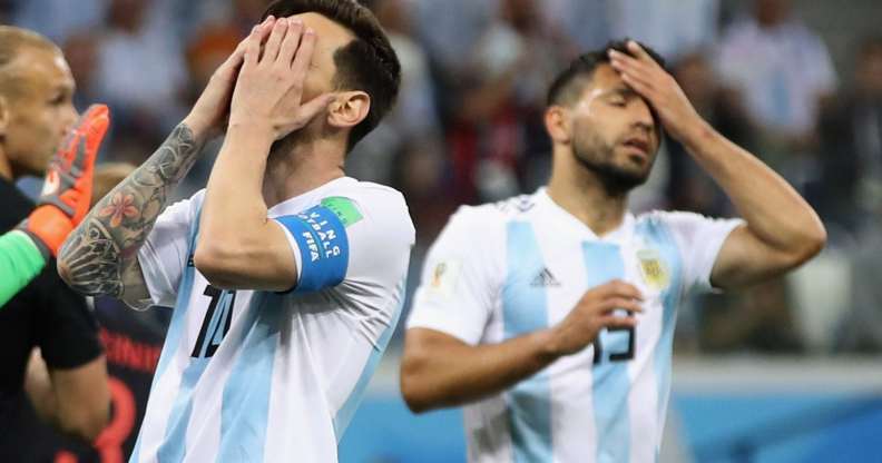 NIZHNIY NOVGOROD, RUSSIA - JUNE 21: Lionel Messi and team mate Sergio Aguero of Argentina show their dejection during the 2018 FIFA World Cup Russia group D match between Argentina and Croatia at Nizhniy Novgorod Stadium on June 21, 2018 in Nizhniy Novgorod, Russia. (Photo by Clive Brunskill/Getty Images)