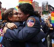 NEW YORK, NY - JUNE 24: EMT Trudy Bermudez and paramedic Tayreen Bonilla of New York City Fire Department get engaged at the annual Pride Parade on June 24, 2018 in New York City. The first gay pride parade in the U.S. was held in Central Park on June 28, 1970. (Photo by Kena Betancur/Getty Images)