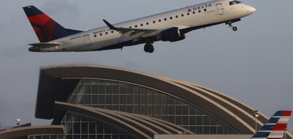 A Delta Airlines plane takes off from Los Angeles International Airport on July 12, 2018.