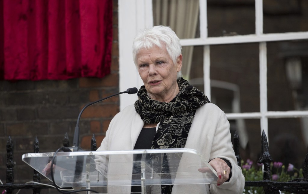 LONDON, ENGLAND - APRIL 27: Dame Judi Dench during the unveiling of a new plaque commemorating her friend and fellow actor Sir John Gielgud on Cowley Street in Westminster on April 27, 2017 in London, United Kingdom.