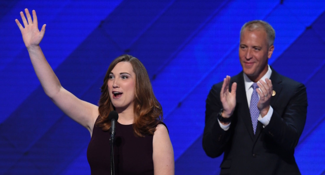 LGBT rights activist Sarah McBride and co-Chair of the Congressional LGBT Equality Caucus, Congressman Sean Patrick Maloney at the Democratic National Convention in 2016 