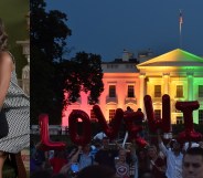 L - Michelle Obama and daughter Malia Obama. R - The White House lights up in the colours of the Pride flag