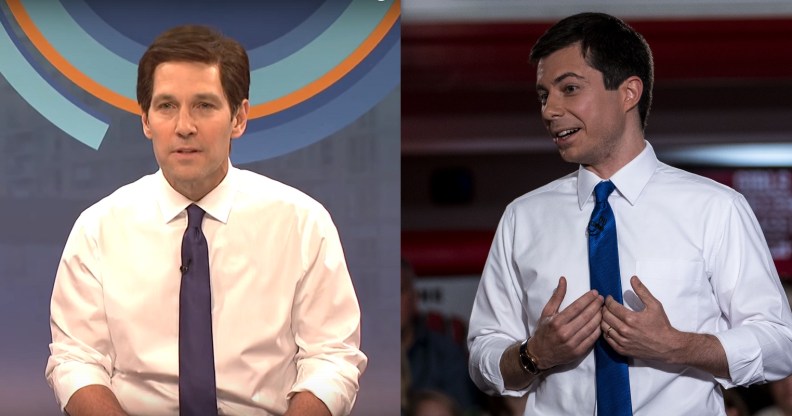 L - Paul Rudd as Pete Buttigieg. R - Pete Buttigieg as Pete Buttigieg.
