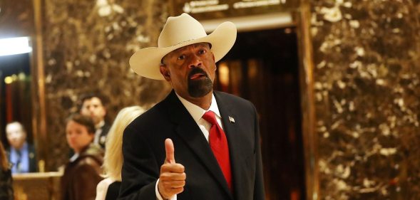 NEW YORK, NY - NOVEMBER 28: Milwaukee County Sheriff David Clarke leaves Trump Tower on November 28, 2016 in New York City. President-elect Donald Trump and his transition team are in the process of filling cabinet and other high level positions for the new administration. (Photo by Spencer Platt/Getty Images)