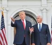 US President Donald Trump and Vice President Mike Pence speak to the press on August 10, 2017, at Trump's Bedminster National Golf Club in New Jersey before a security briefing. / AFP PHOTO / Nicholas Kamm (Photo credit should read NICHOLAS KAMM/AFP/Getty Images)